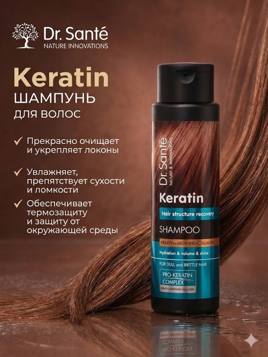 Dr. Santé шампунь Keratin+Arginine+Collagen — для тусклых и ломких волос