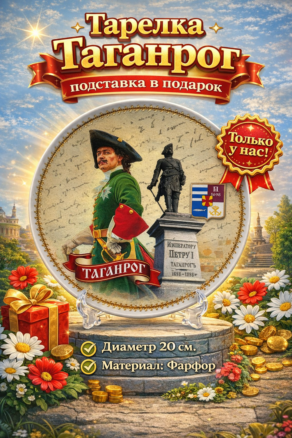 Тарелка сувенирная настольная - настенная Таганрог Петр Первый