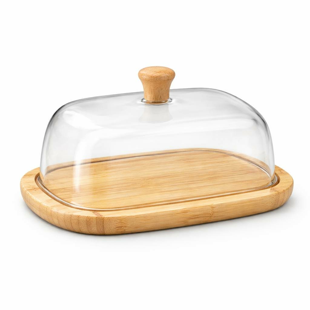 Масленка с бамбуковым основанием и стеклянной крышкой из натурального бамбука