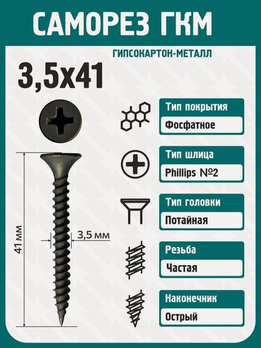 Изображение товара Саморезы по металлу черные 3,5х41 (500 шт) Rizzel гипсокартон металл