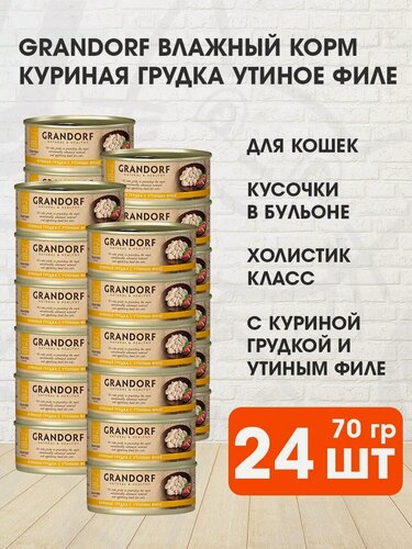 Изображение товара Корм влажный Grandorf Cat для взрослых кошек, куринная грудка, утиное филе, 70 г 24 шт