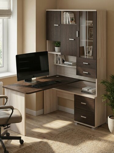 Изображение товара Стол компьютерный Мэрдэс СР-620/140 квв-прав Карамель/Венге/Венге, с полками, с ящиками, угловой, 130х140х216 см