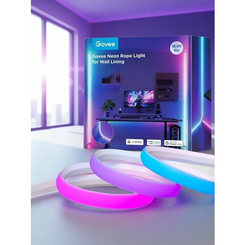 фото Светодиодная лента rgb govee neon rope light for wall lining h66413d1, умная led подсветка 5 метров