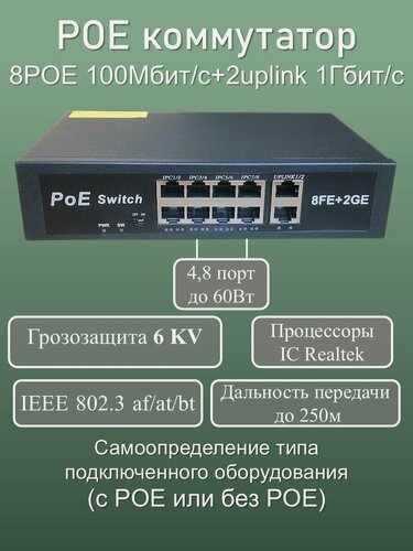 Изображение товара Коммутатор POE свитч с 8POE 100Мбит/с+2Uplink 1Гбит/с портов, бюджет 120Вт, грозозащита 6KV, поддержка IEEE803.2bt 4 и 8 порт до 60Вт