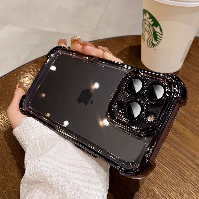 IPhone 16 Прозрачный чехол с амортизирующими углами, анти-пожелтение, в комплекте защитное стекло - Металлический черный