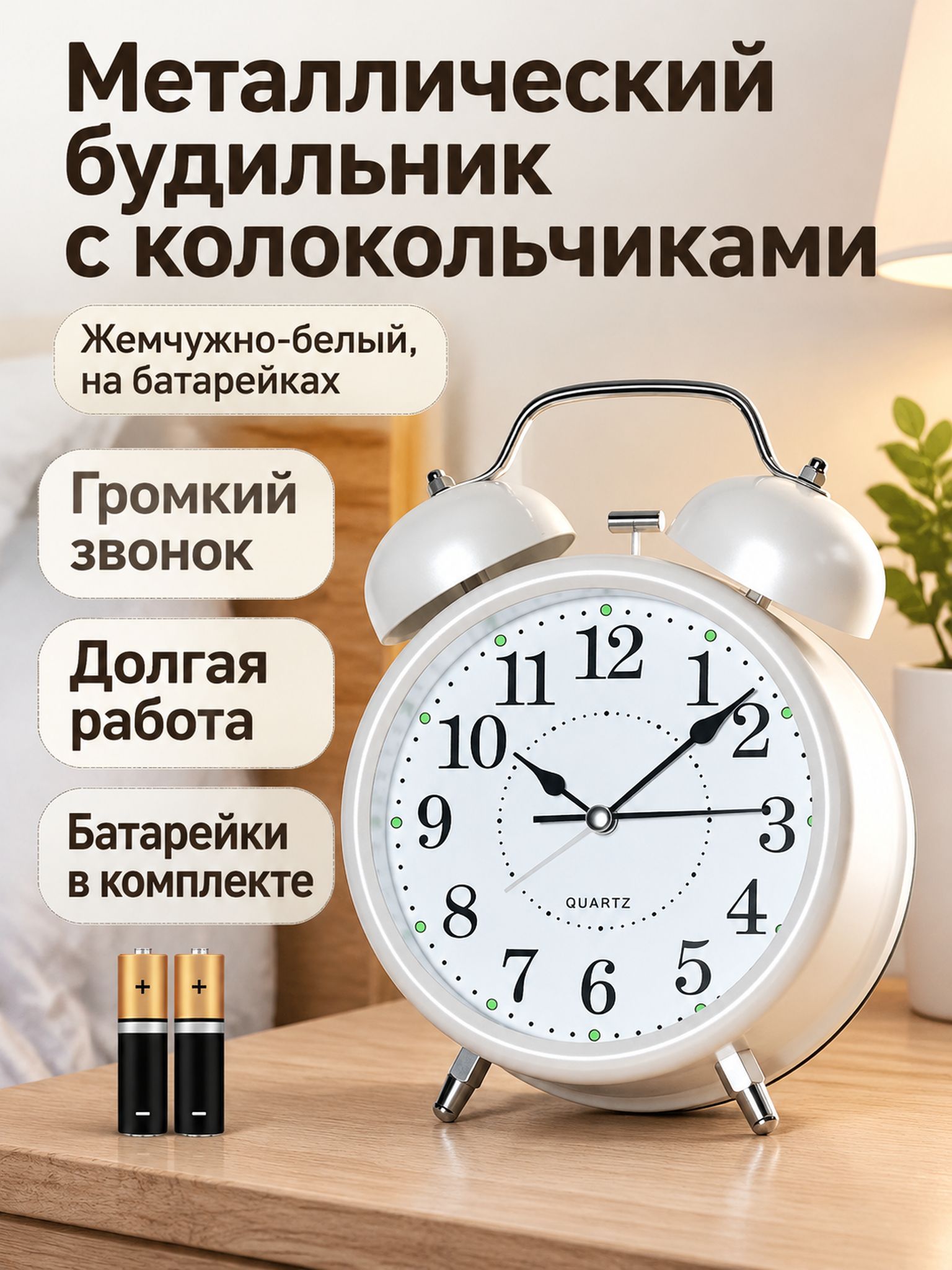 Настольный будильник 4 дюйма с металлическим корпусом на батарейках, цвет жемчужно-белый