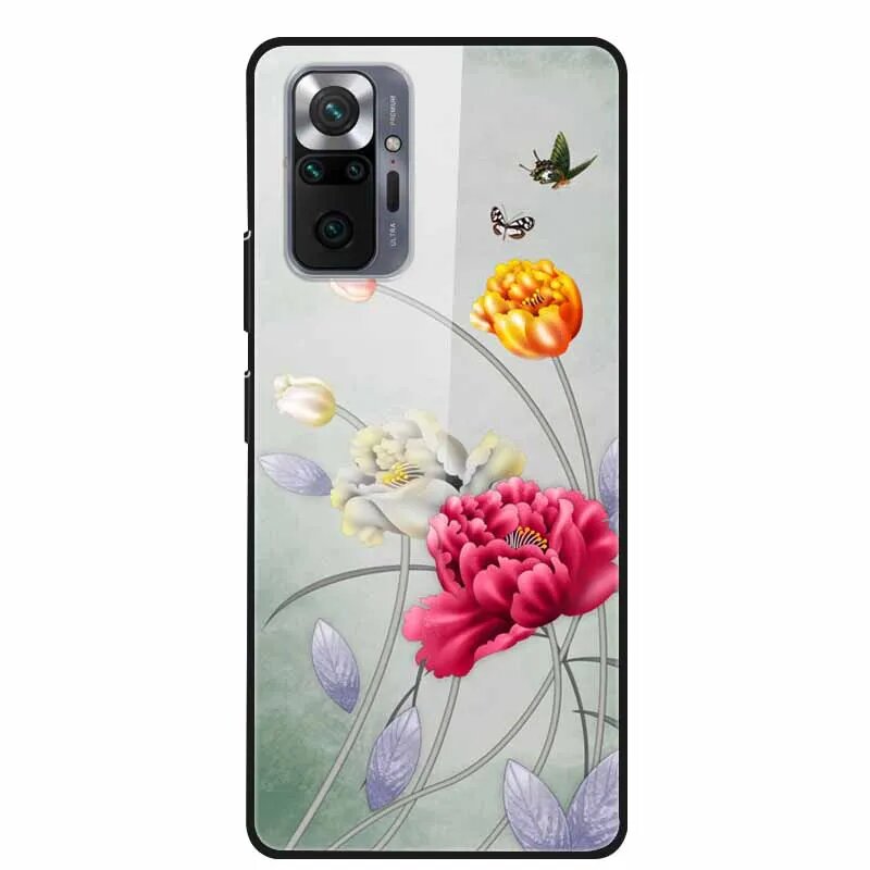 Чехол для Xiaomi Redmi Note 10 Pro с цветами и бабочками, закаленное стекло