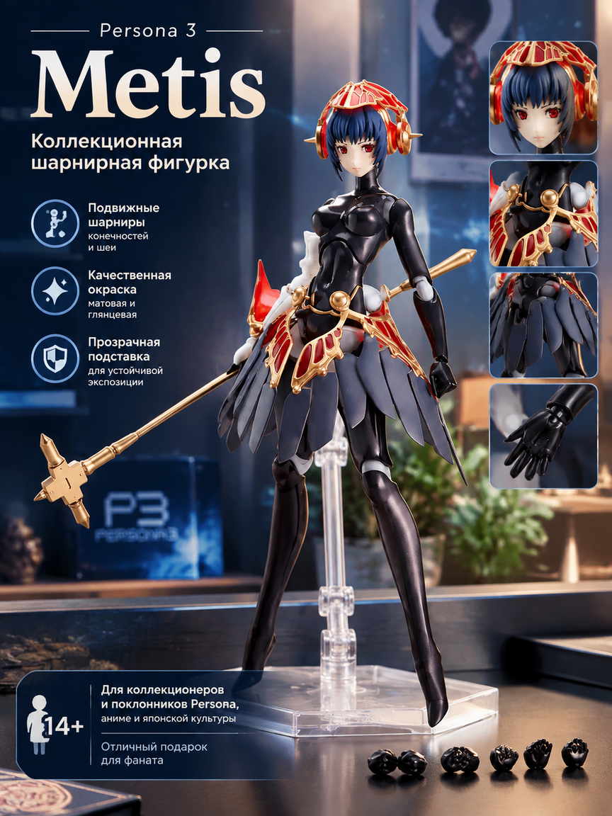 Коллекционная шарнирная фигурка Метис Persona 3 с копьём, подставкой и сменными деталями, 13 см
