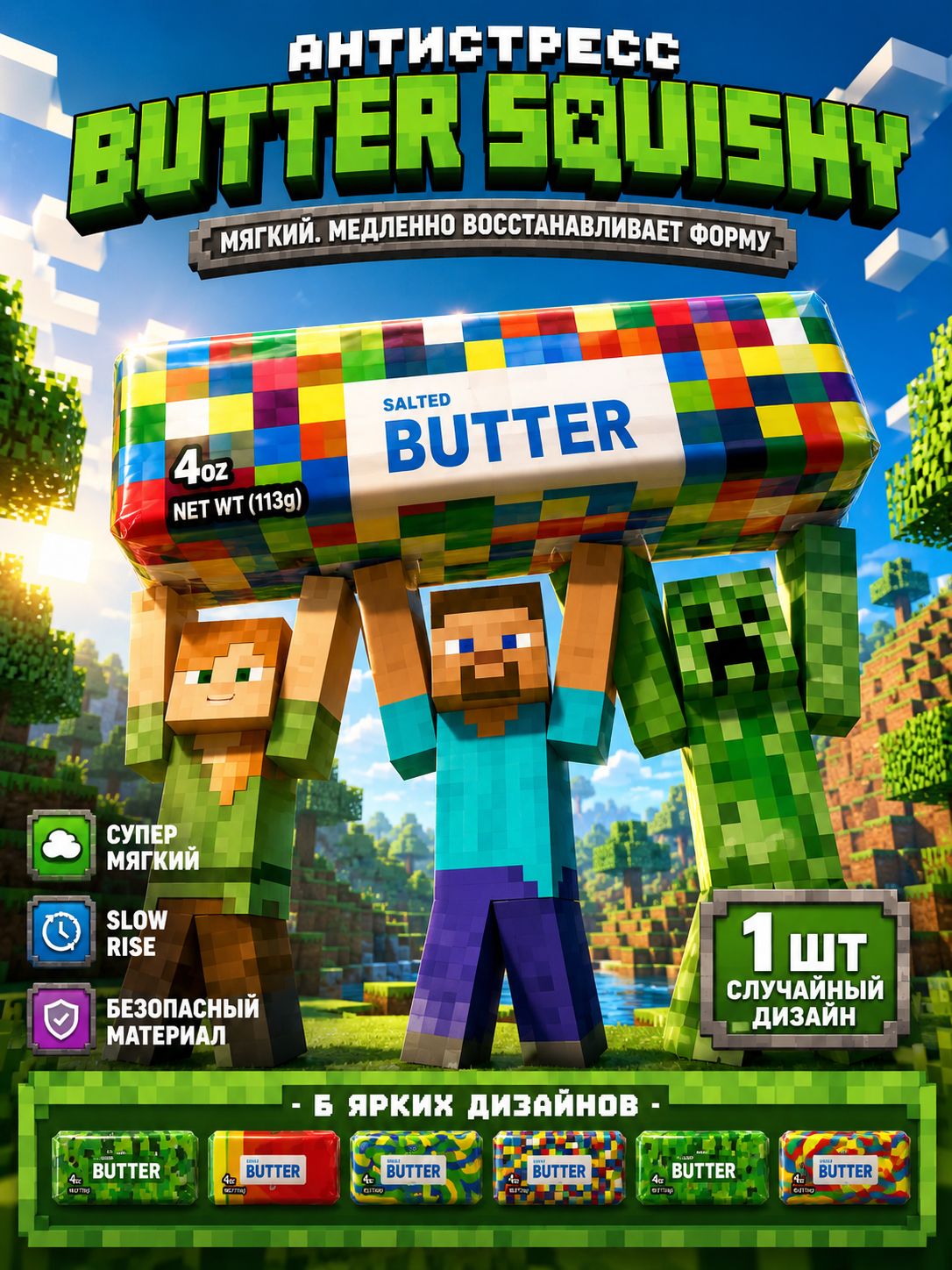 Butter Minecraft сквиш антистресс мягкий баттер Slow Rise, игрушка антистресс для рук, лучший подарок для детей и взрослых, прикольная идея