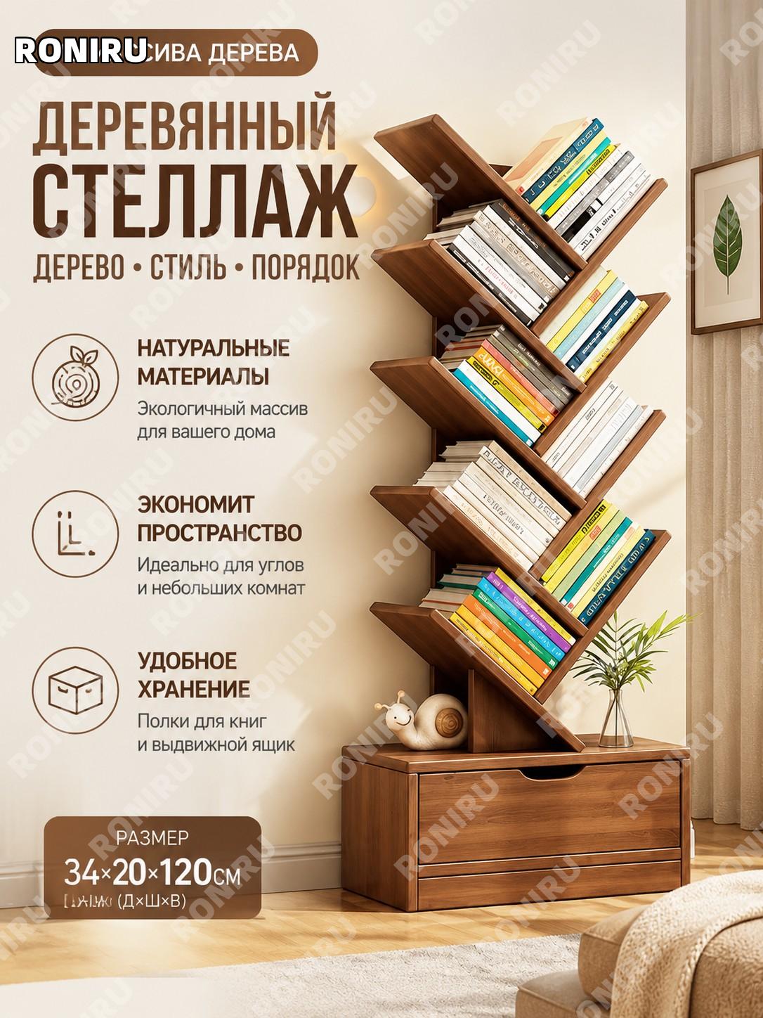Деревянный стеллаж-дерево напольный 34×20×120 см, сборка, цвет дымчатый кедр, для книг и хранения дома в комнату