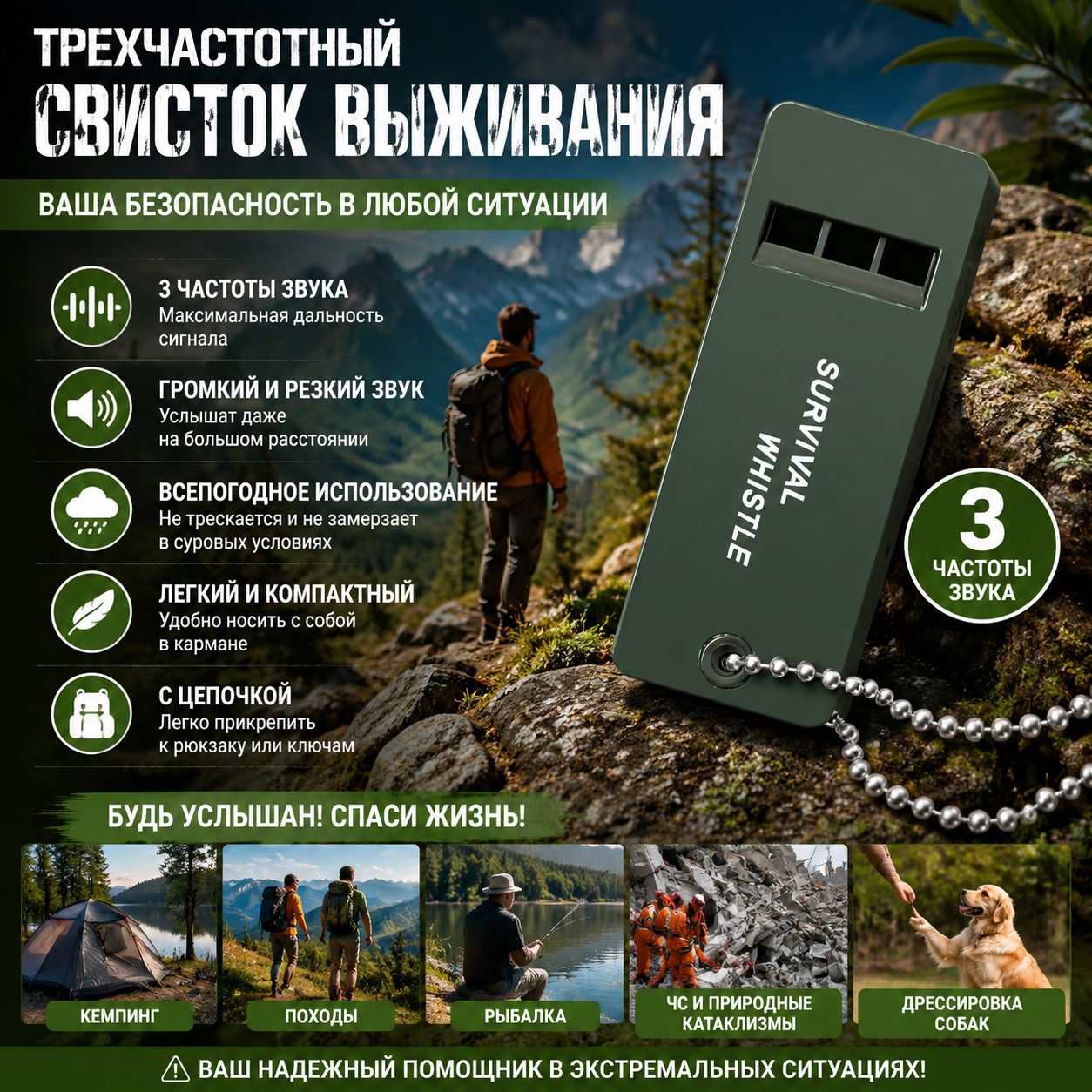 Трехчастотный свисток выживания, высокочастотный аварийный свисток, снаряжение для спасения на природе и при землетрясениях
