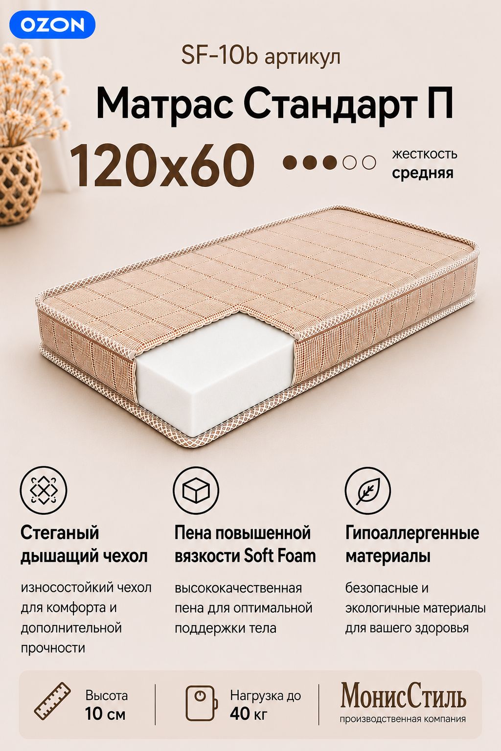 Матрас Стандарт детский для манежа - кроватки 120*60*6 см арт. SF-10b