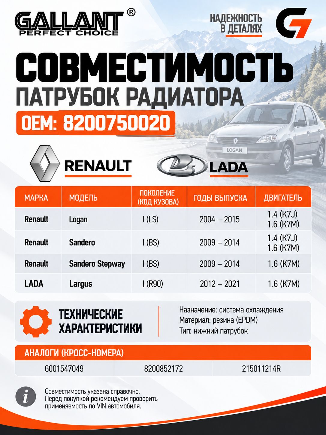 Патрубок радиатора нижний GL. HR.2.15 8200750020 Largus, Logan K7M 8кл дв. 1,6 — фото 1
