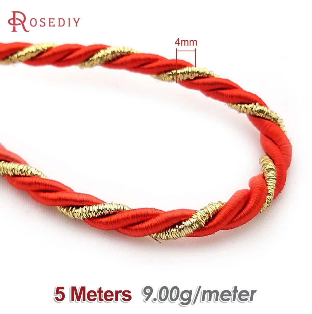 Rosediy трехпрядная витая веревка из золота и полиэстера 5 мм Красный, 30241-Red