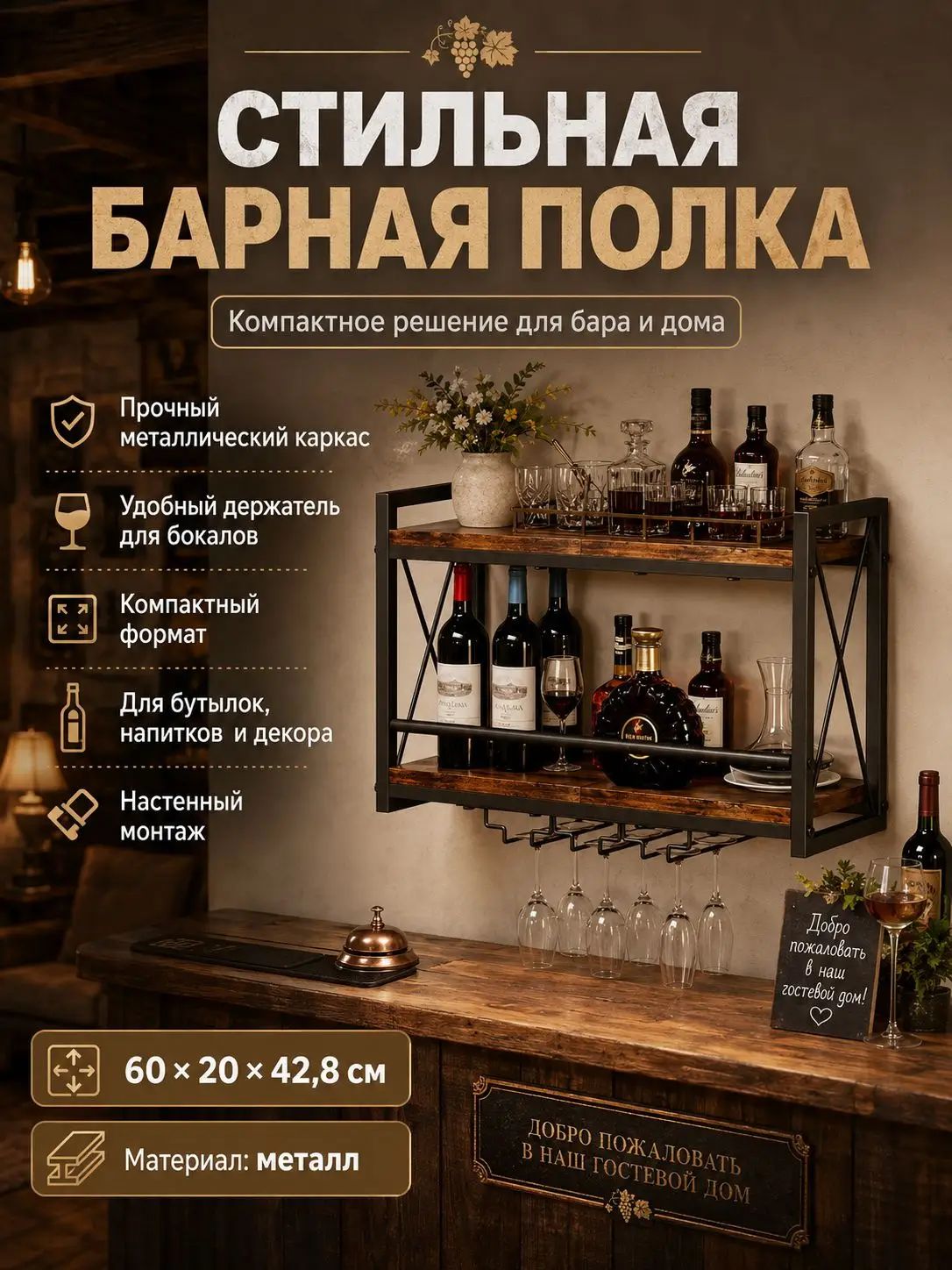 Слинг-полка Настенная Прямая, 60х20, 1 шт.