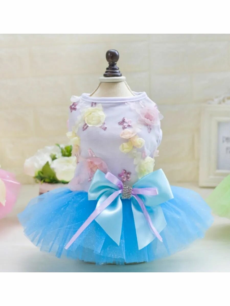 Платье для собак бело-синее с цветами и бантом Принцесса разм S (20)