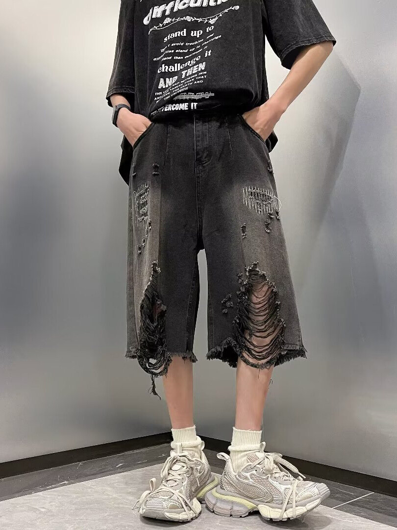 JYL Джинсы Мужские Шорты Деним Китайские Сырые Края Рваные Летние Узкие Широкие Пятиточечные Деним, Размер_XXXL