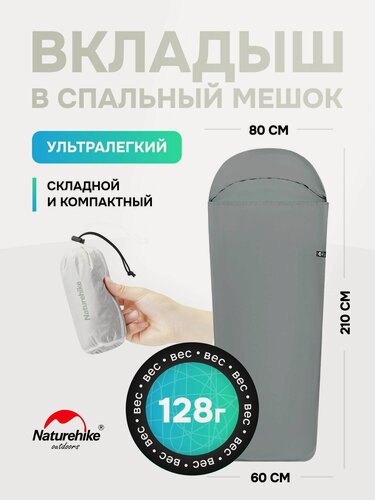 Изображение товара Naturehike Вкладыш в спальный мешок, 210 см, 128 грамм, серо-синий