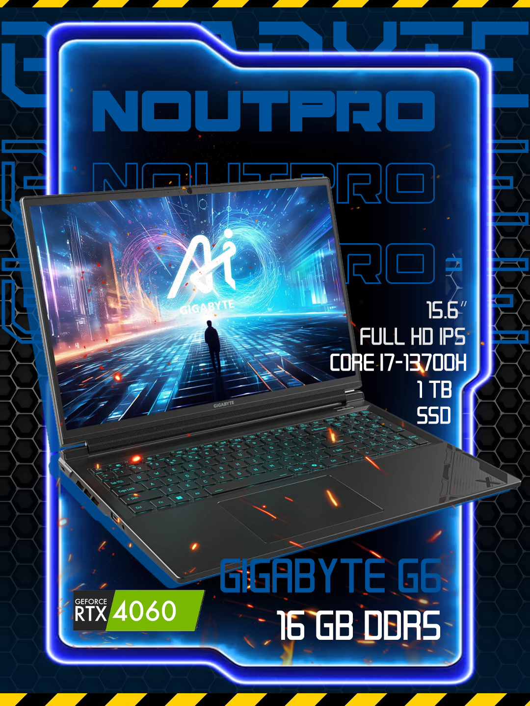 Ноутбук Gigabyte G6 Intel Core I7-13700H 15.6 FHD IPS 144Hz RTX 4060/8GB RAM16GB/1TRB SSD