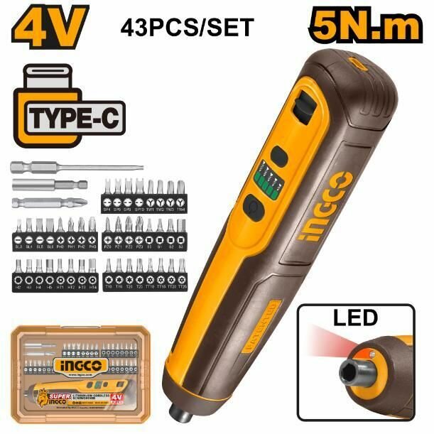 Отвертка аккумуляторная 4 В 5 Нм 1/4" INGCO CSDLI04062