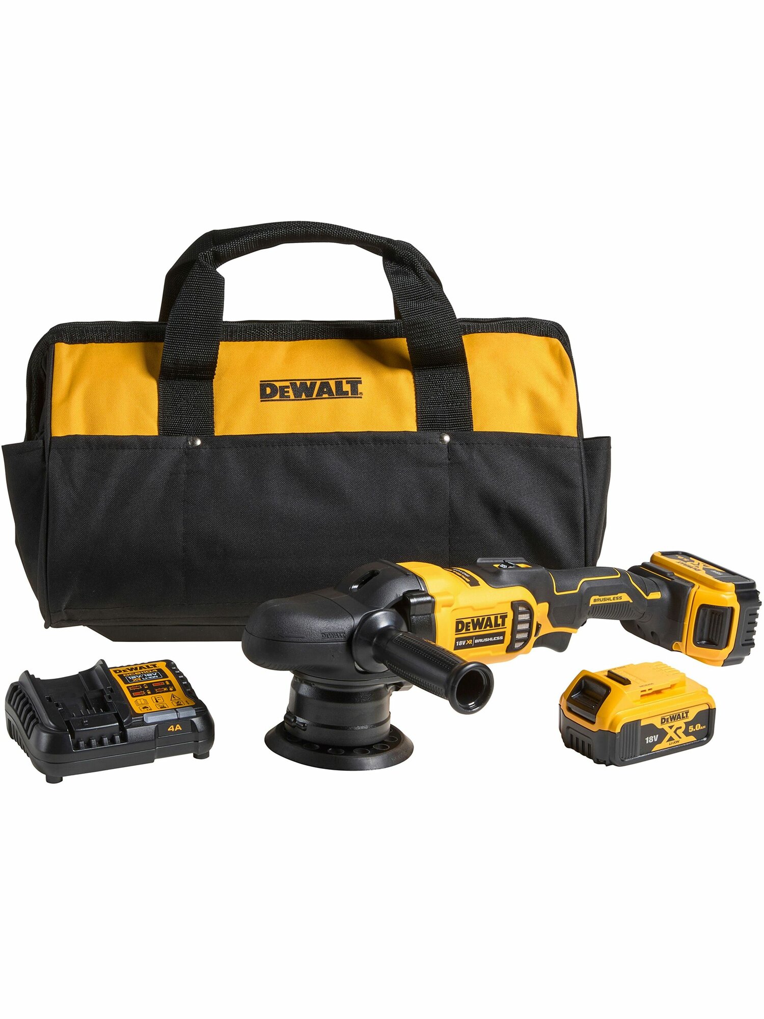 Аккумуляторная полировальная машина DEWALT DCM848P2, 18 В, 125 мм, 5500 кол/мин, с 2 АКБ 5 Ач и ЗУ, в сумке