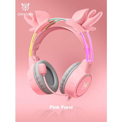 фото Игровые наушники onikuma x15 pro pink furie розовые с оленьими ушками и подсветкой