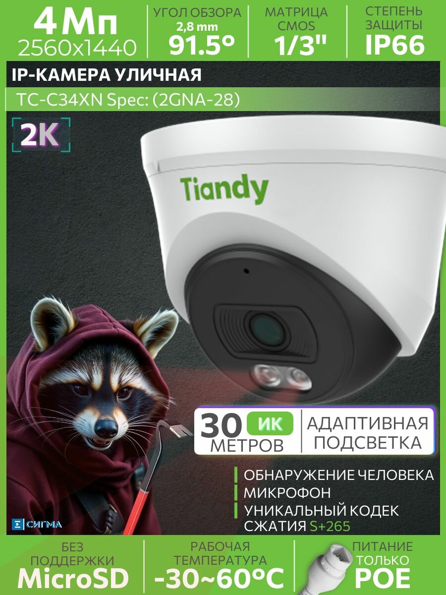 IP-камера видеонаблюдения Tiandy TC-C34XN 2GNA-28 4Мп 2,8мм CMOS PoЕ IP66 ИК до 30м уличная турель