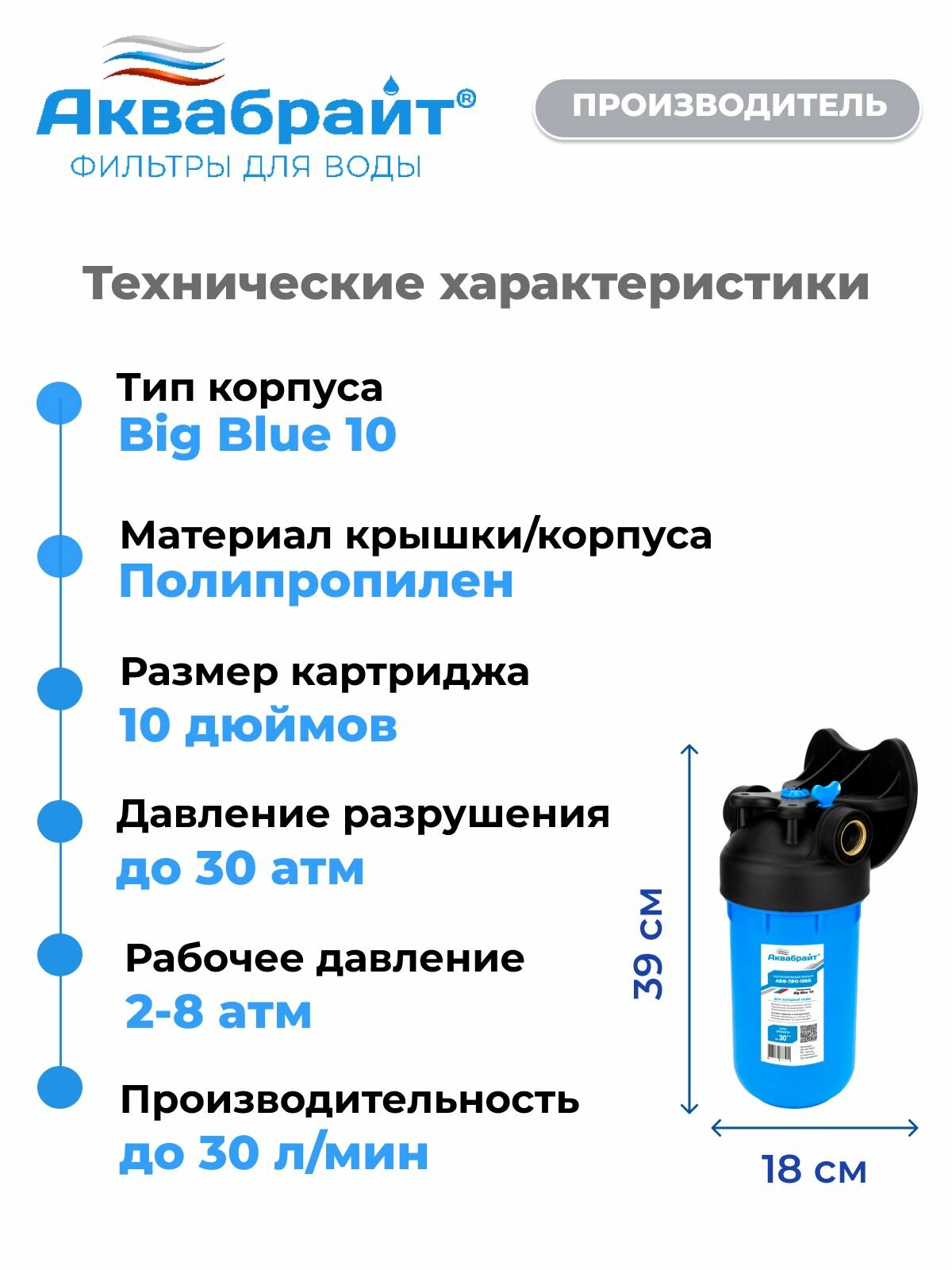 Колба магистрального фильтра для холодной воды Аквабрайт, АБФ-ПРО-10ББ, Big Blue1 дюйм — фото 2