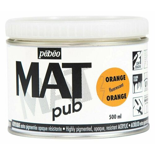 фото Краска акриловая pebeo экстра матовая mat pub №3, оранжевый флуоресцентный, 500 мл