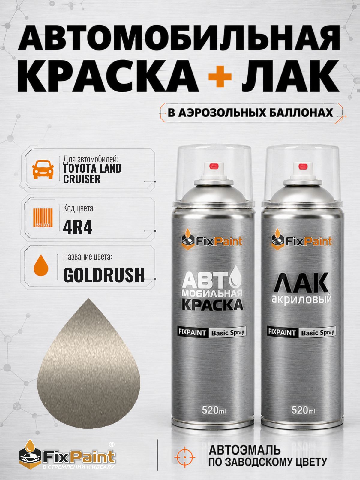 Краска и лак для TOYOTA LAND CRUISER, код 4R4, BEIGE, автомобильная эмаль базовая и акриловый глянцевый лак FixPaint в аэрозольных баллонах 520 мл