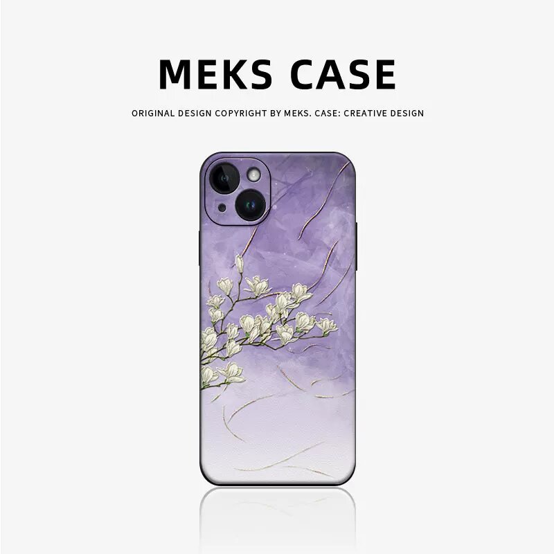 Чехол для iPhone XS Max из кожевенной текстуры, ударопрочный, черный с узором чернильной магнолии фиолетового оттенка