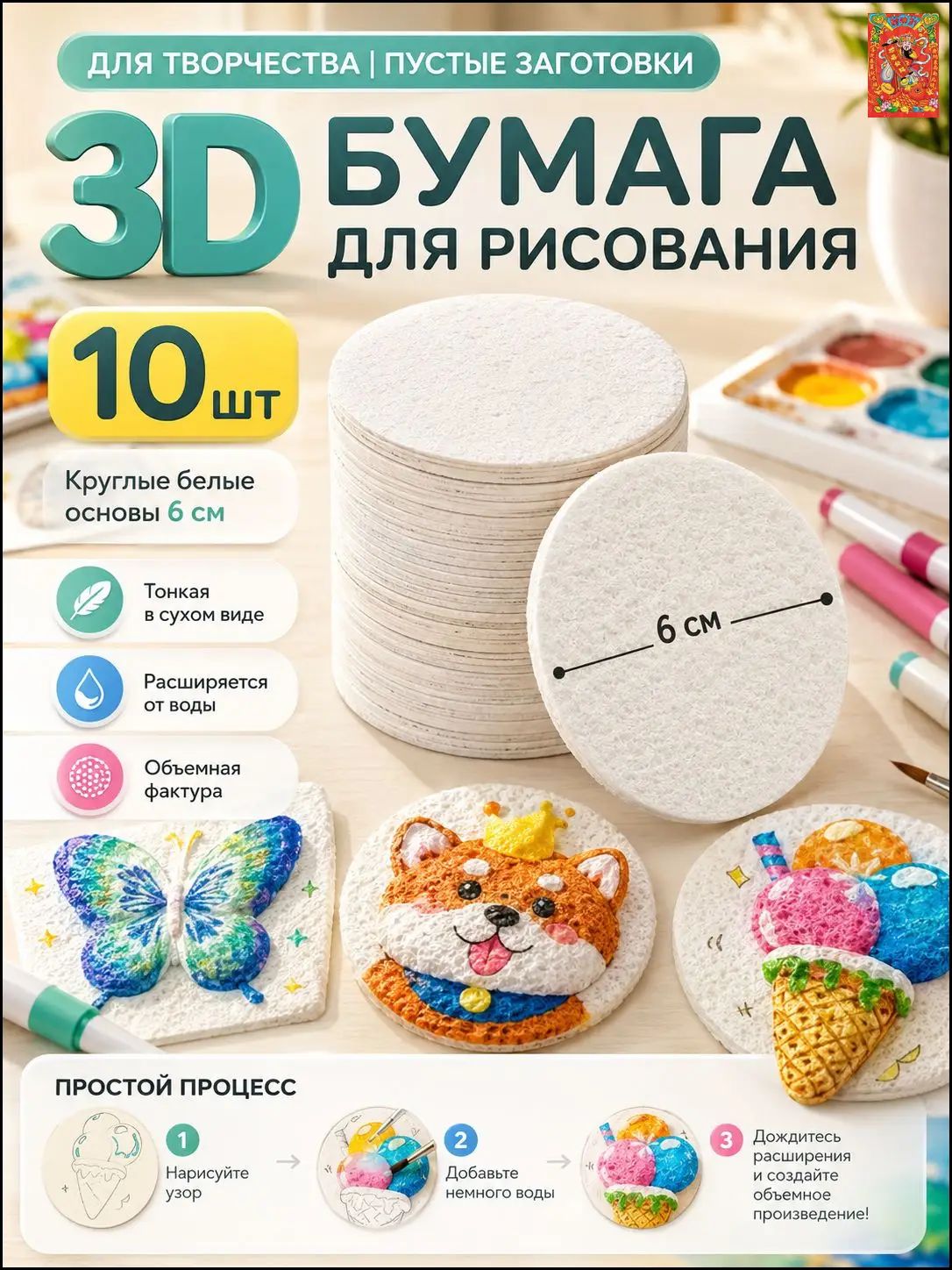 3д бумага для рисования для детей, круглые заготовки с объемной текстурой от воды, 6 см, 10 шт.