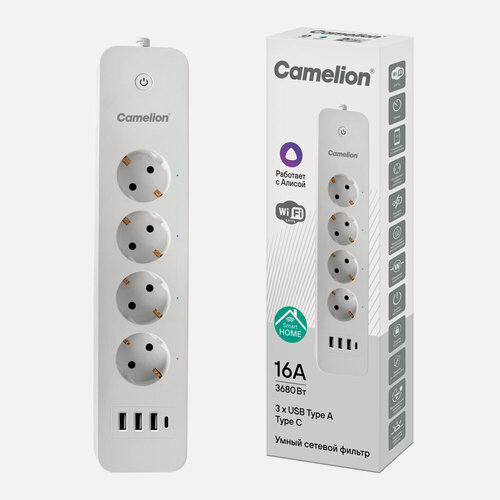 Изображение товара Сетевой фильтр умный Camelion "Smart Home" SH001, 4 розетки, 1.5м, 3 USB и Type-C, WIFI
