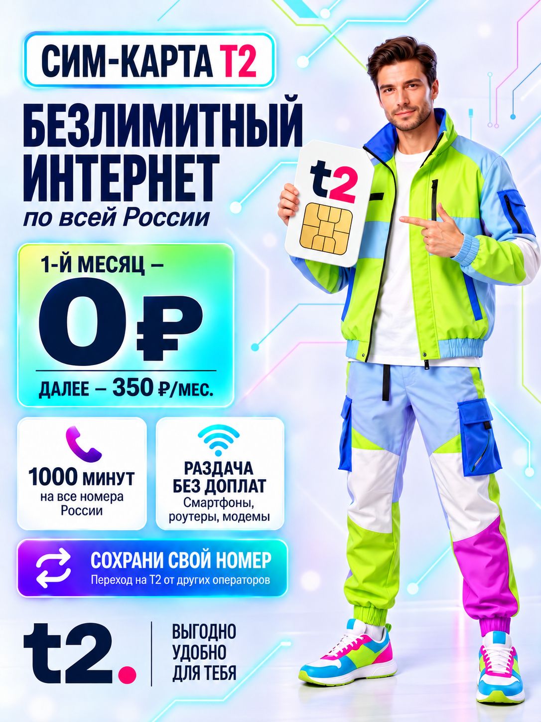 Сим карта Т2 безлимитный интернет для роутера, модема и раздача на другие устройства. Симка t2 тариф "Партнер S" 350р/мес