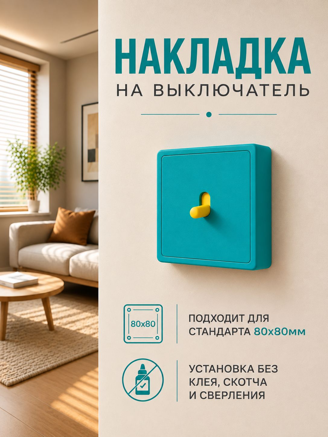 Декоративная накладка на выключатель 80х80мм дофаминовый декор одноклавишный бирюзовый