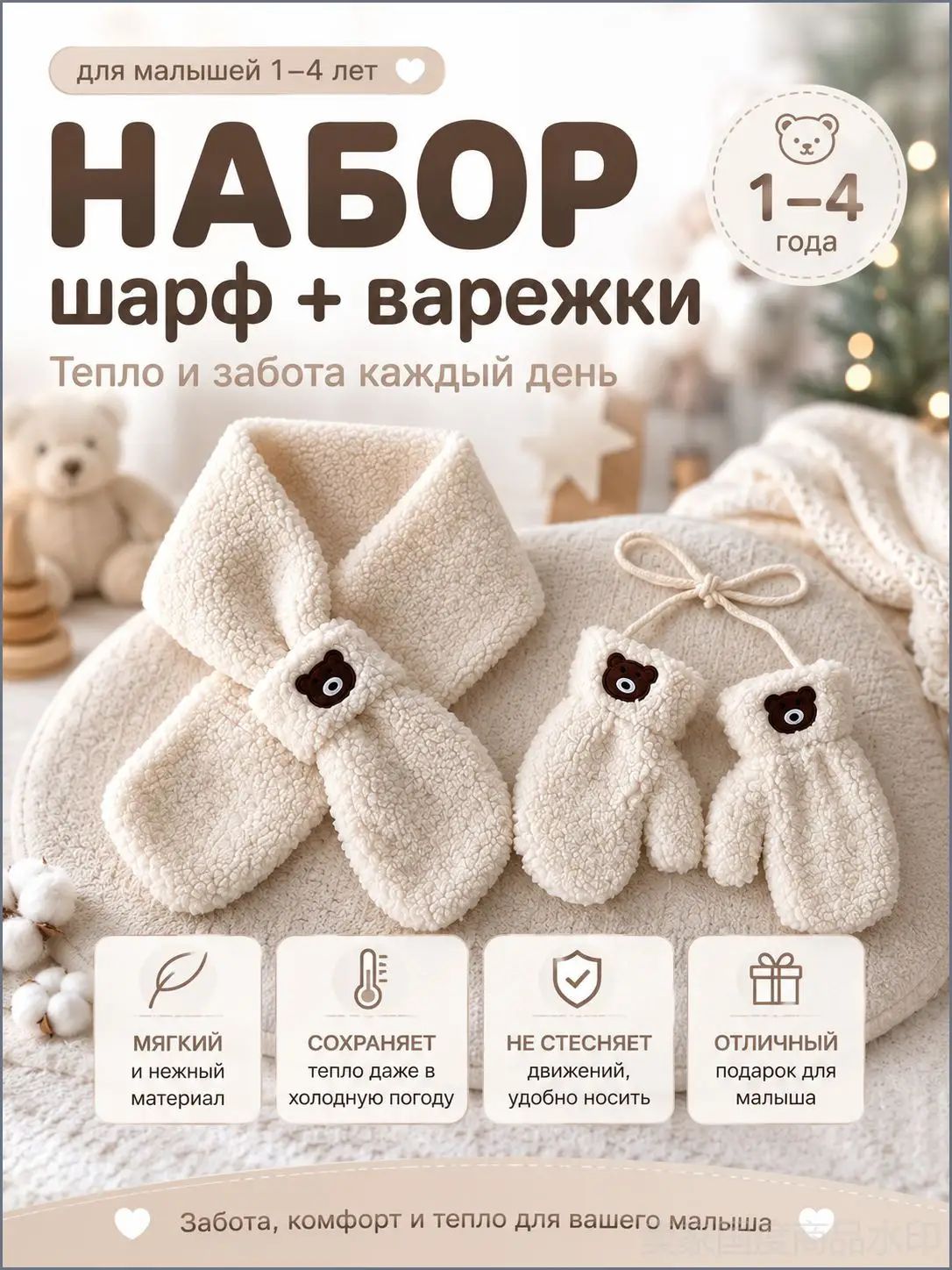 Перчатки детские утепленные шерпа для зимы, девочки, базовая коллекция, белый цвет, размер 1-4 года