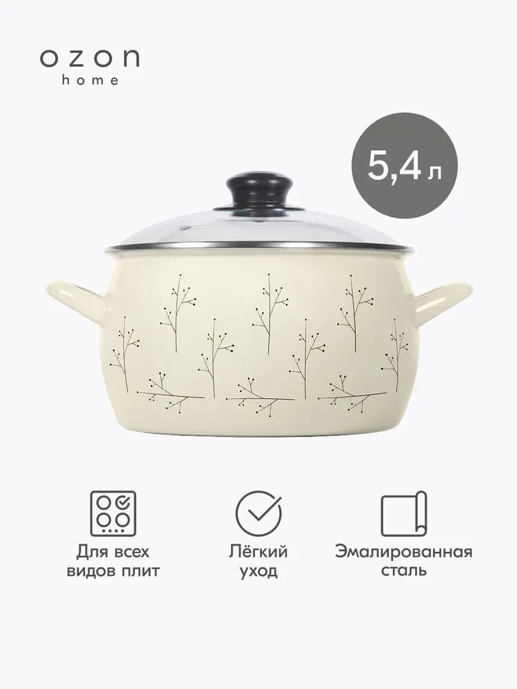 Кастрюля Ozon home Флёр эмалированная со стеклянной крышкой, Молочный, 5,4 л