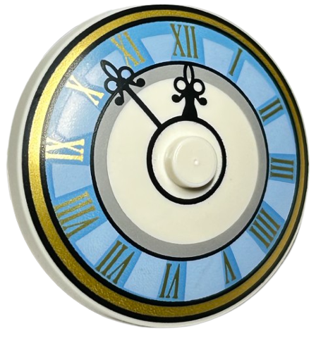 Dish 4 x 4 Inverted (Radar) with Solid Stud with Bright Light Blue and Medium Blue Clock Face with Black Hands and Gold Roman Numerals and Border Pattern 3960pb037 White N
