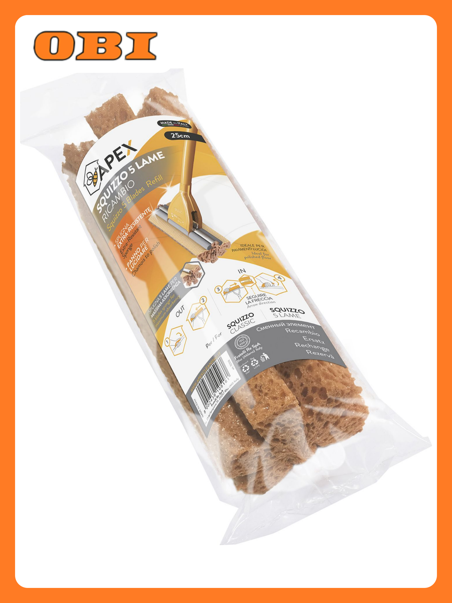 Губка запасная для швабры APEX FR10518 желтая 90х250 мм