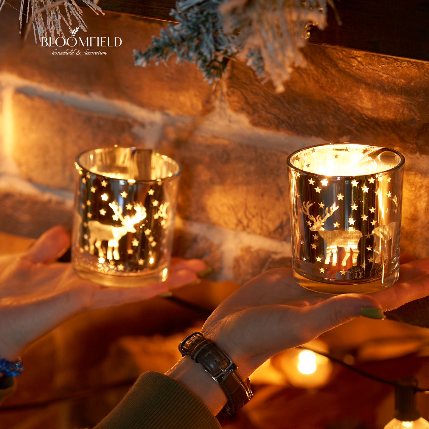 Подсвечник - стакан новогодний c оленями, стеклянный на 1 свечу, NY1