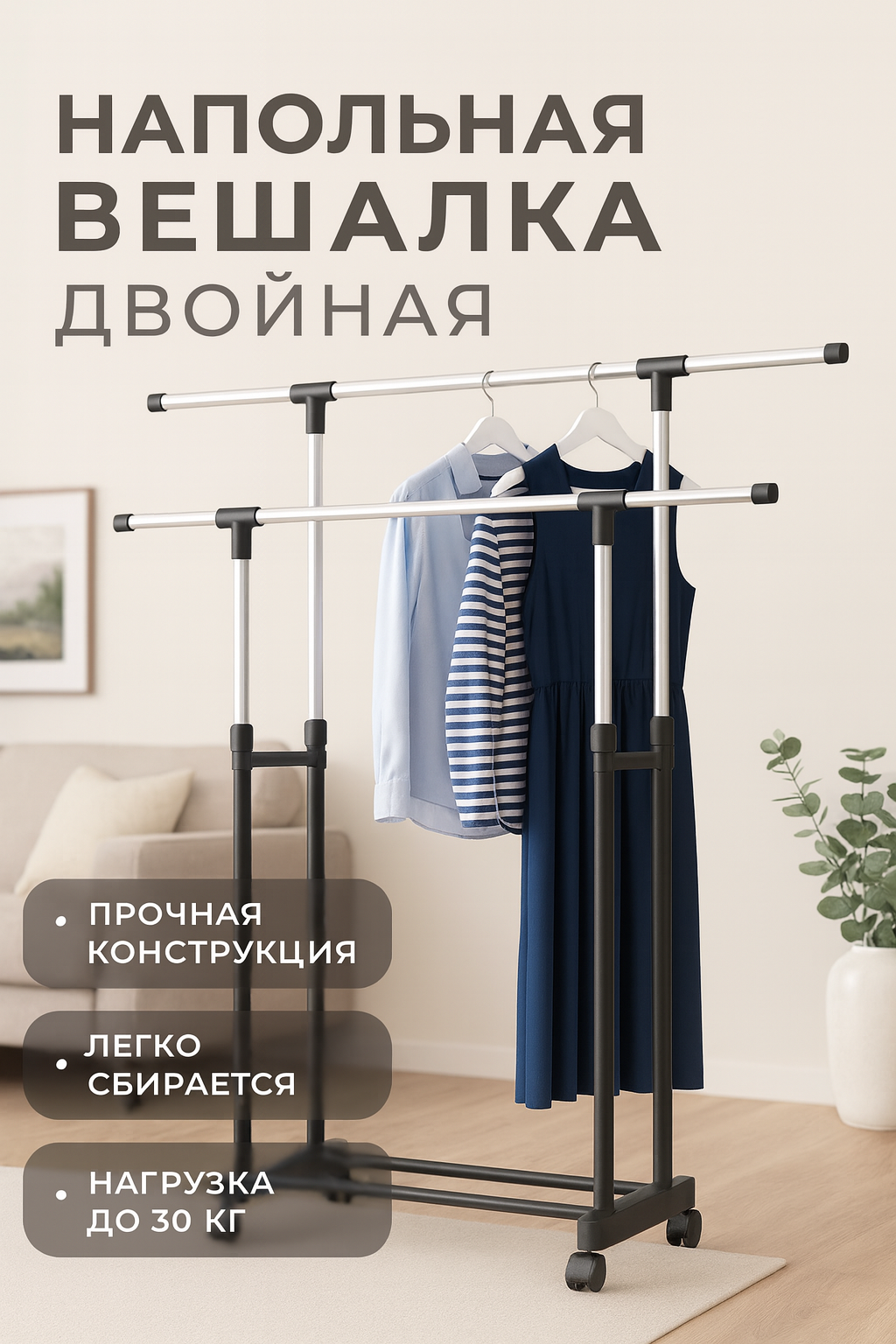 Вешалка напольная для одежды металлическая, чёрная, с полкой для обуви.