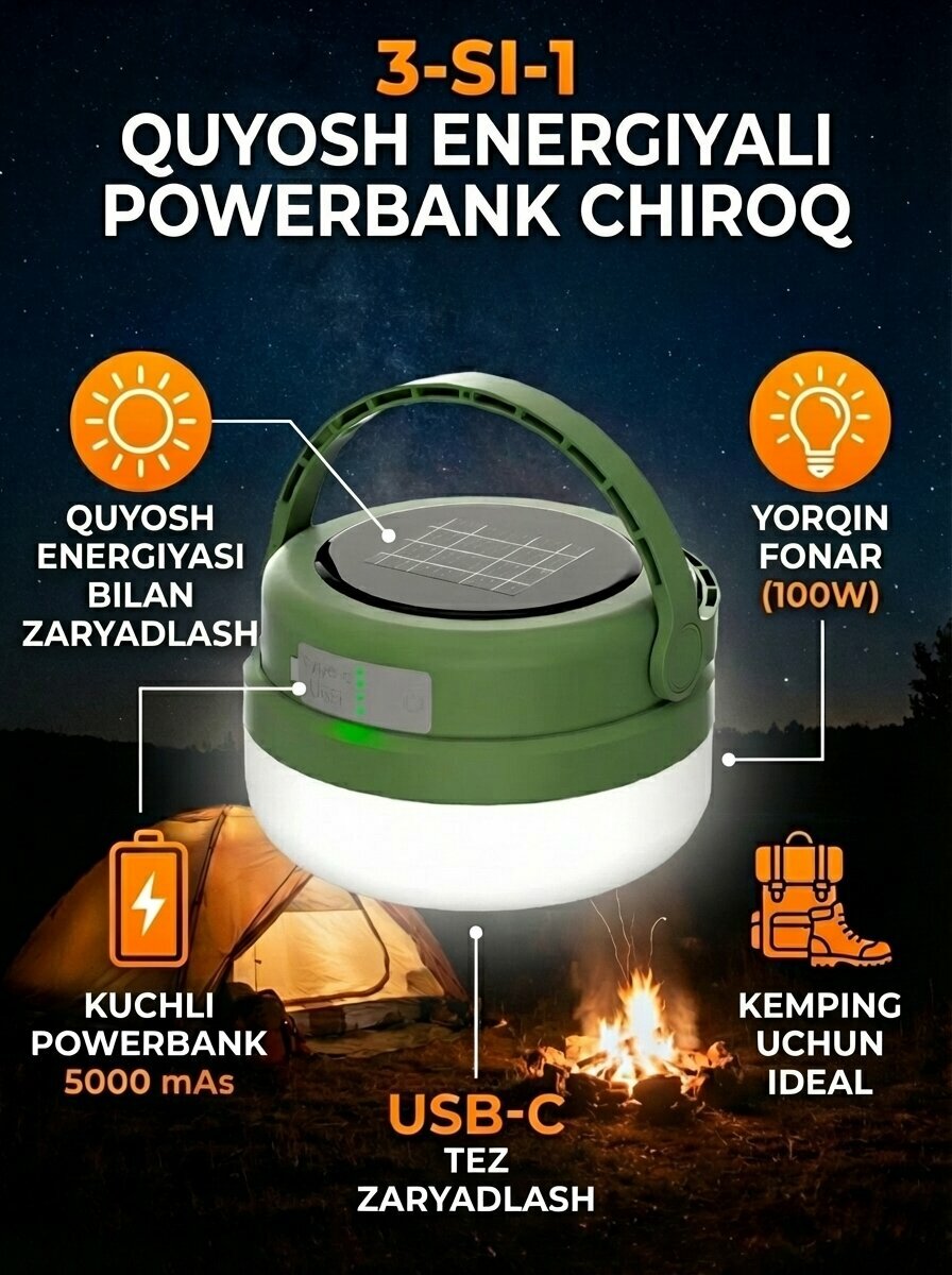 Лампа повербанк 3-в-1 солнечный аккумулятор 100W / Фонарь с Power Bank 5000 мАч для кемпинга