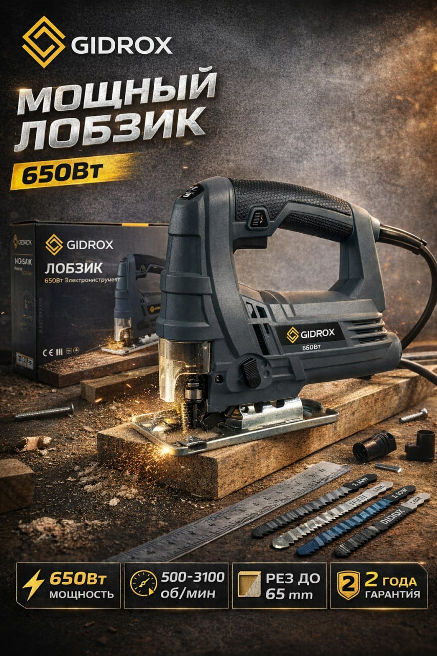 Лобзик электрический GIDROX GEL 650W-A, 650Вт, регулировка частоты, 3100мин⁻¹