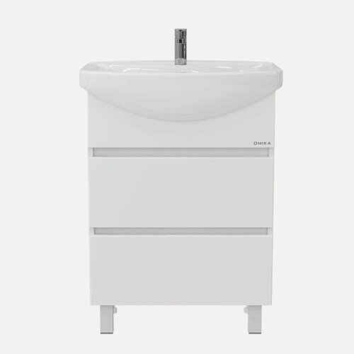 Изображение товара Тумба с раковиной Onika Элита 60 напольная, 61, 5 см, белая, глянцевая, из МДФ, с ящиками, раковина для ванной, фарфоровая, полукруглая, встроенный слив-перелив