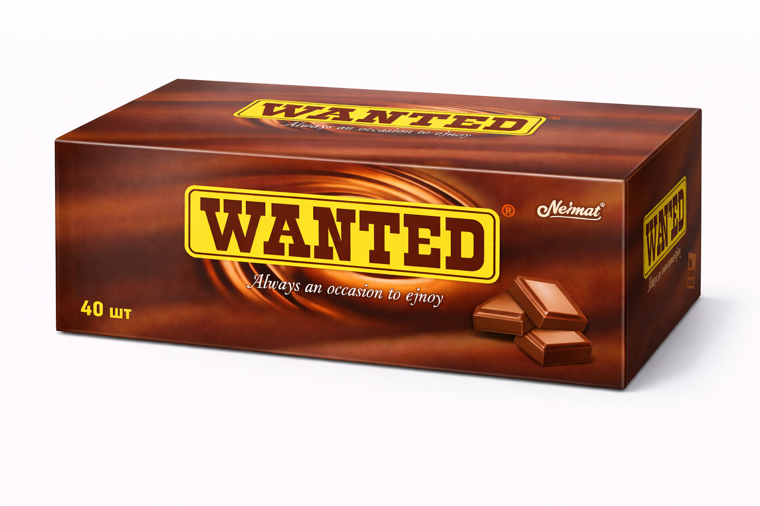 40 шт шоколадных плиток WANTED, молочный шоколад по 100 г, размер 16,5 × 8 см, производитель Ne’mat