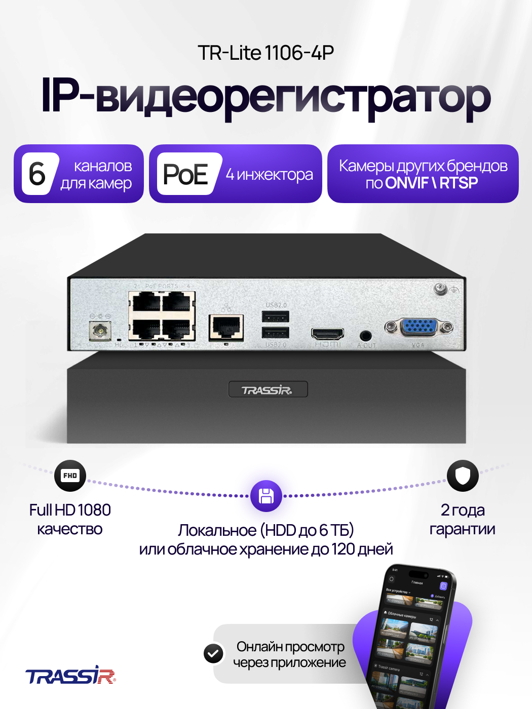 Комплект облачного видеонаблюдения видеорегистратор TR-Lite 1106-4P + Cloud 2000 (Bridge)