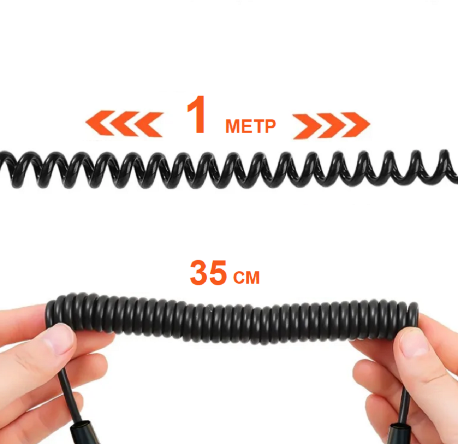 Пружинный витой кабель Type C-Type C (1 метр, 100 см) 66W 5A, кабель пружинка для зарядки с функцией передачи данных — фото 1