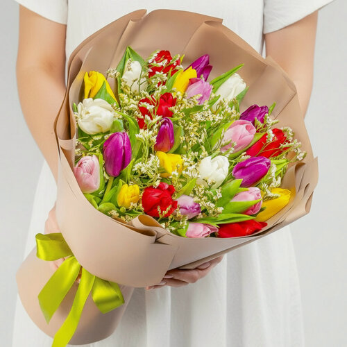 Изображение товара Дуо-букет Мегацвет24 "Тюльпан микс и Лимониум", разноцветный, дизайнерская упаковка