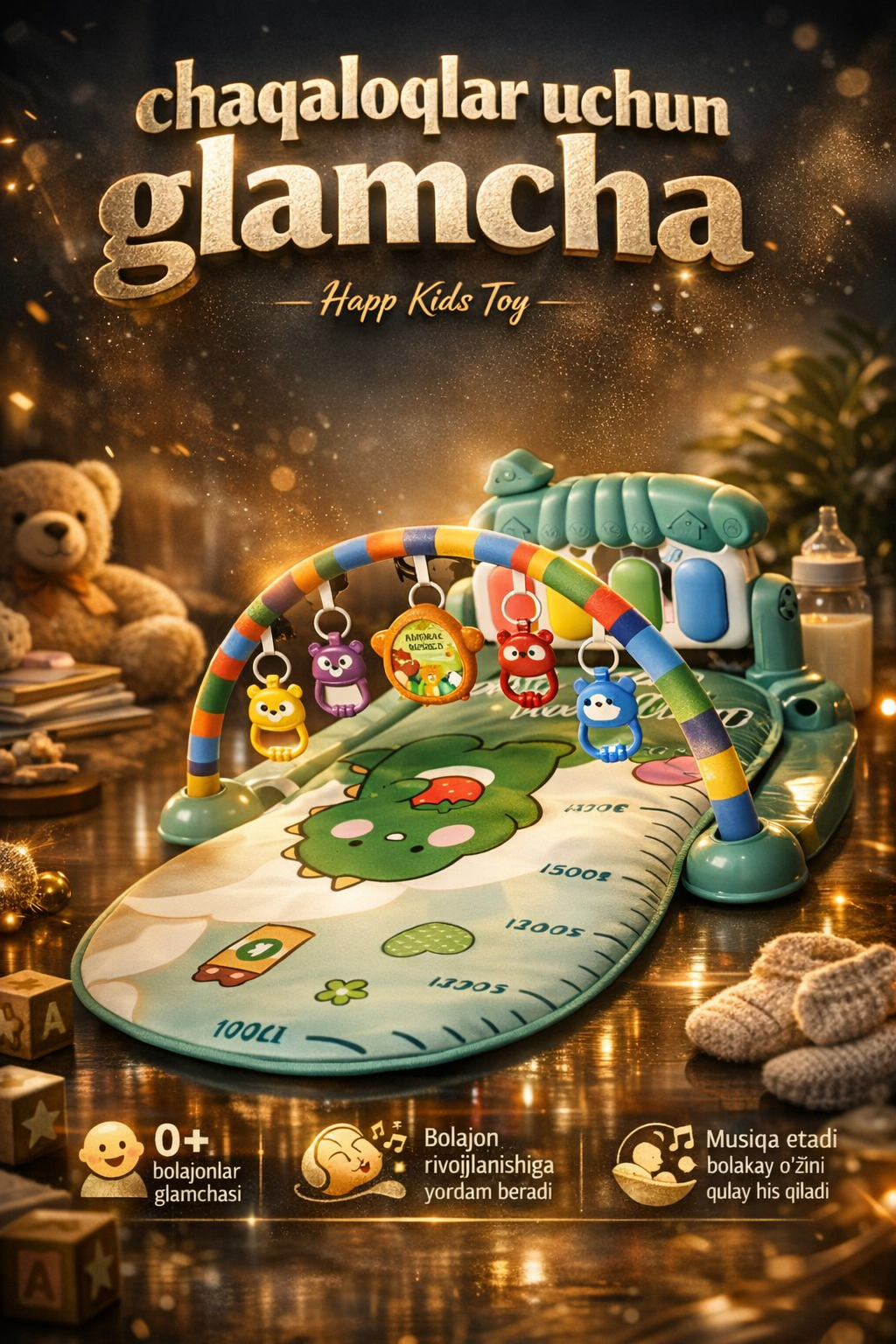 Детский развивающий музыкальный коврик с пианино, дугой и подвесными игрушками