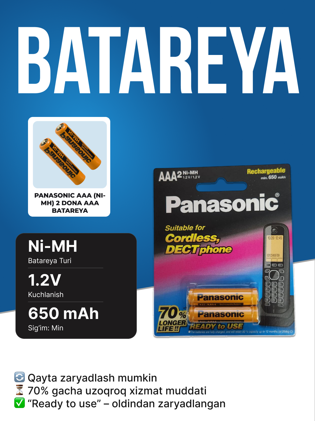 Батарейки Panasonic AAA, NiMH, предварительно заряженные, 650 мАч